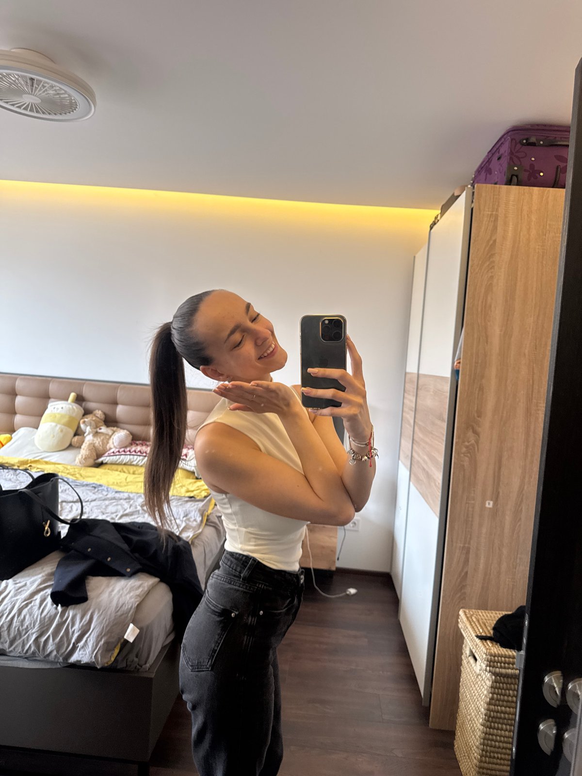 Woman documents morning routine with selfies in Sofia