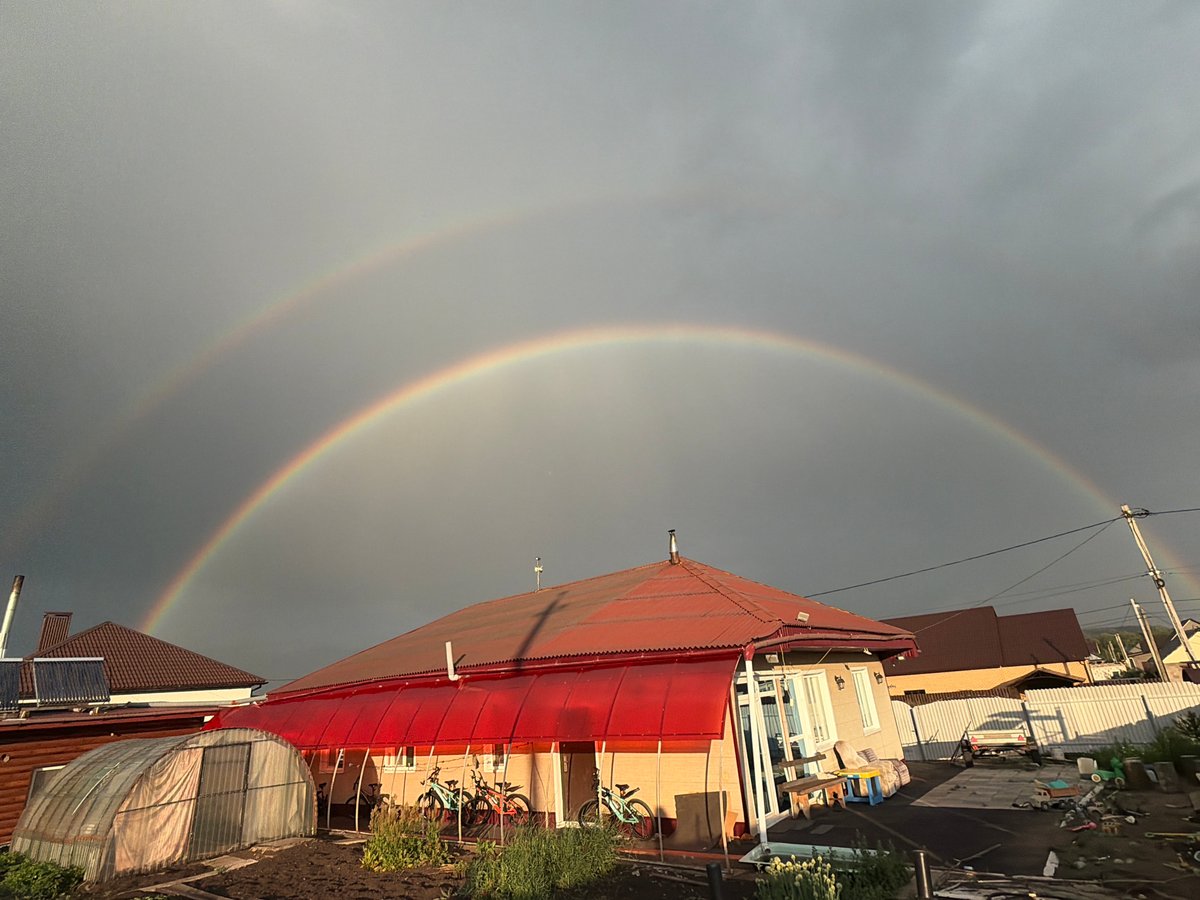 Double rainbow over Субханкулово village during storm