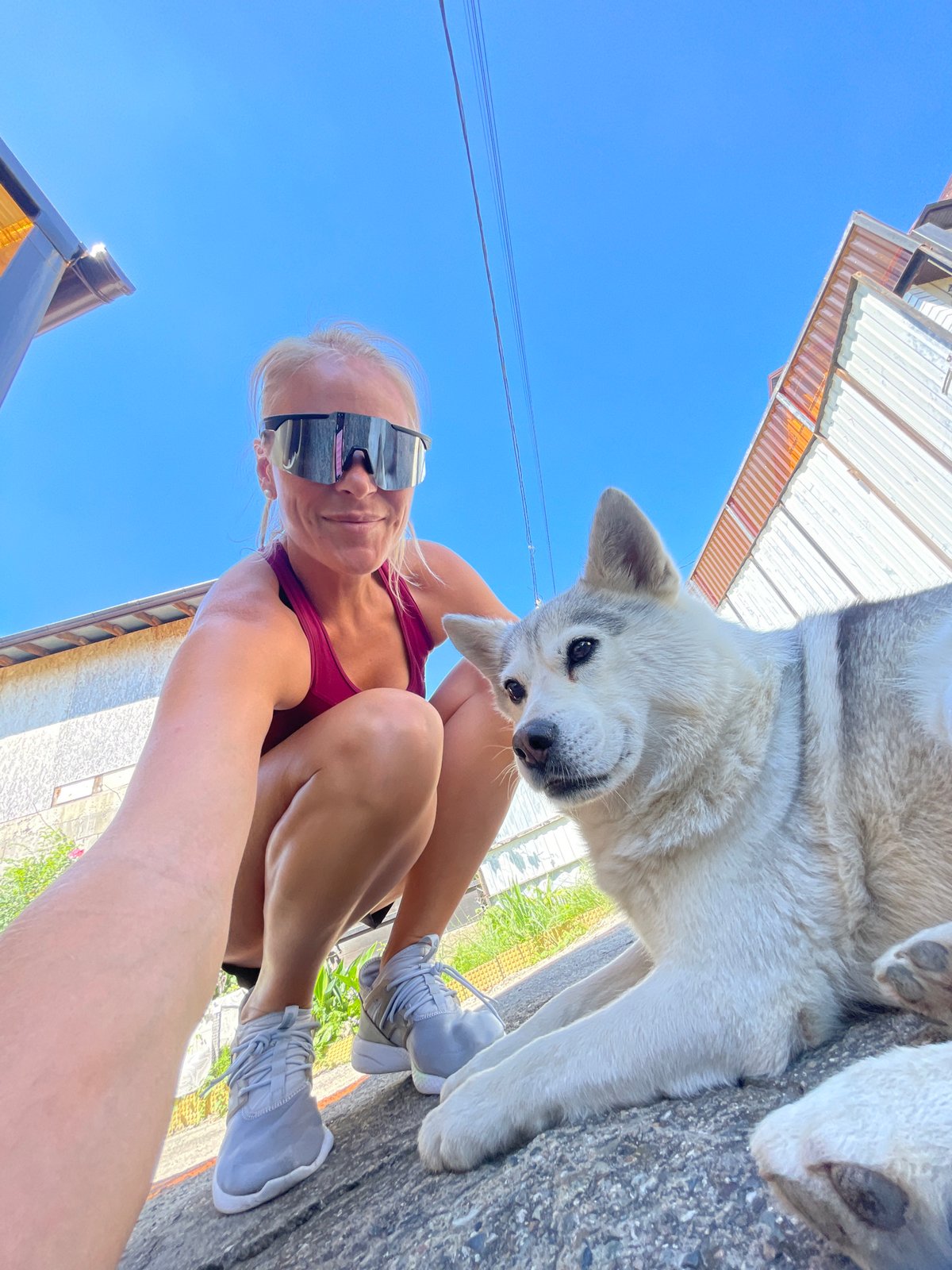 Hanging out with a husky and garden flowers in Baranovka