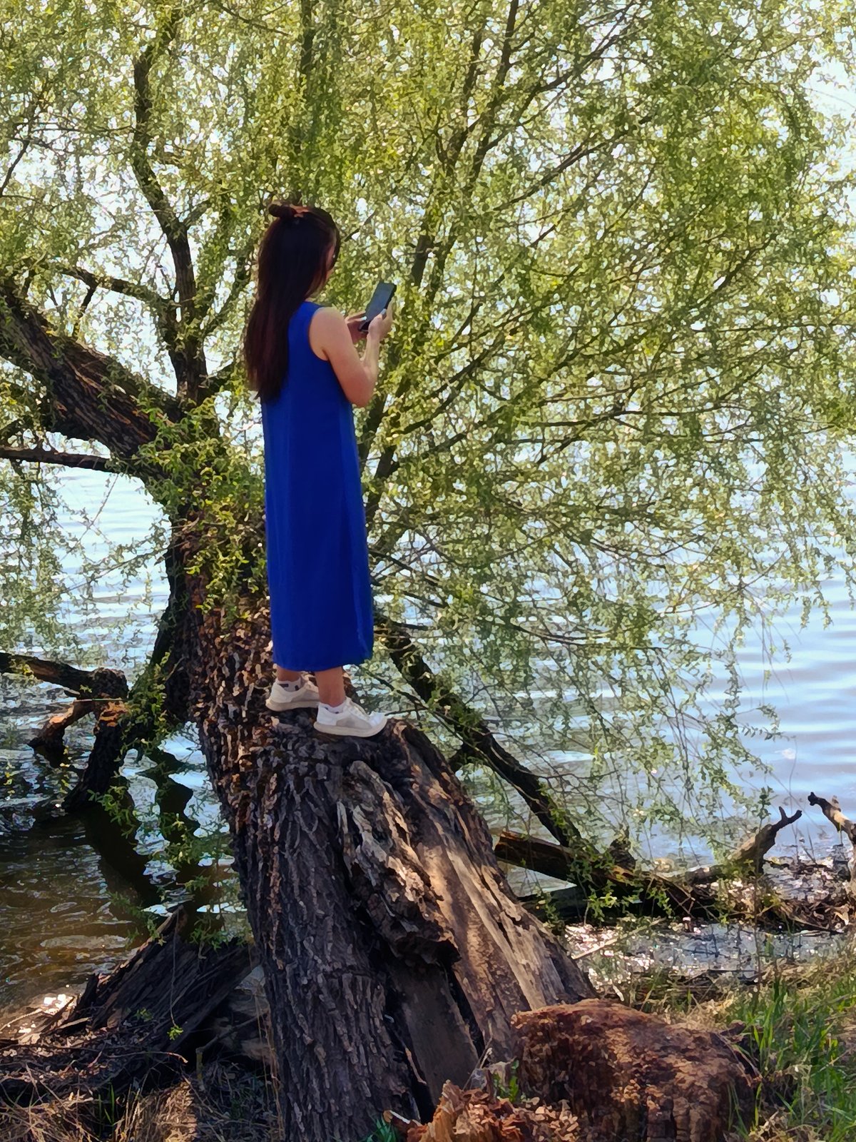 Woman poses on fallen tree with phone near water