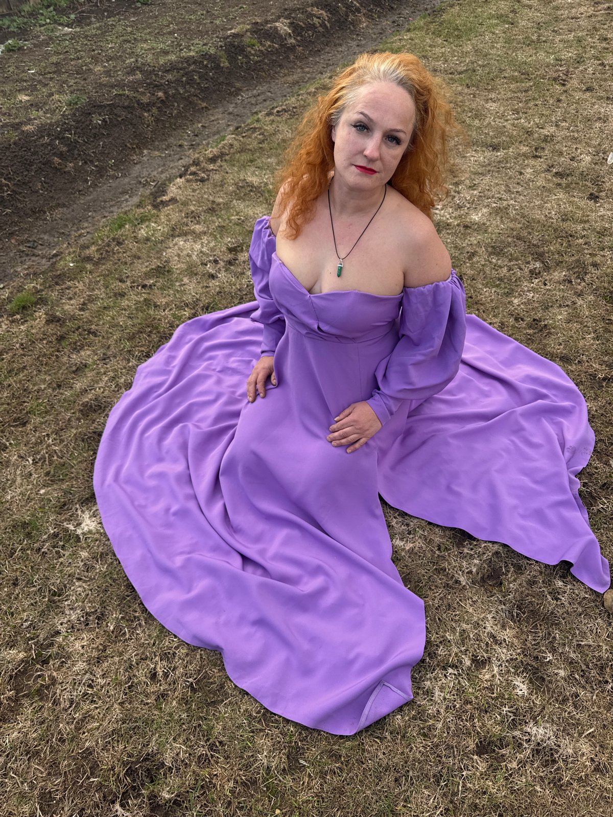 Woman in purple dress photographed in artistic poses, Chaikovsky