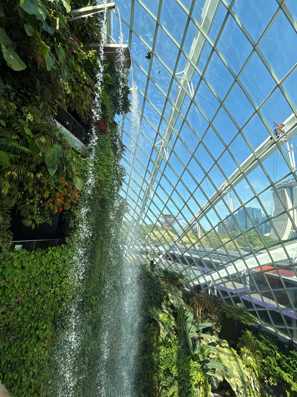 Visitors explore glass conservatory featuring waterfalls, dinosaurs, botanical displays