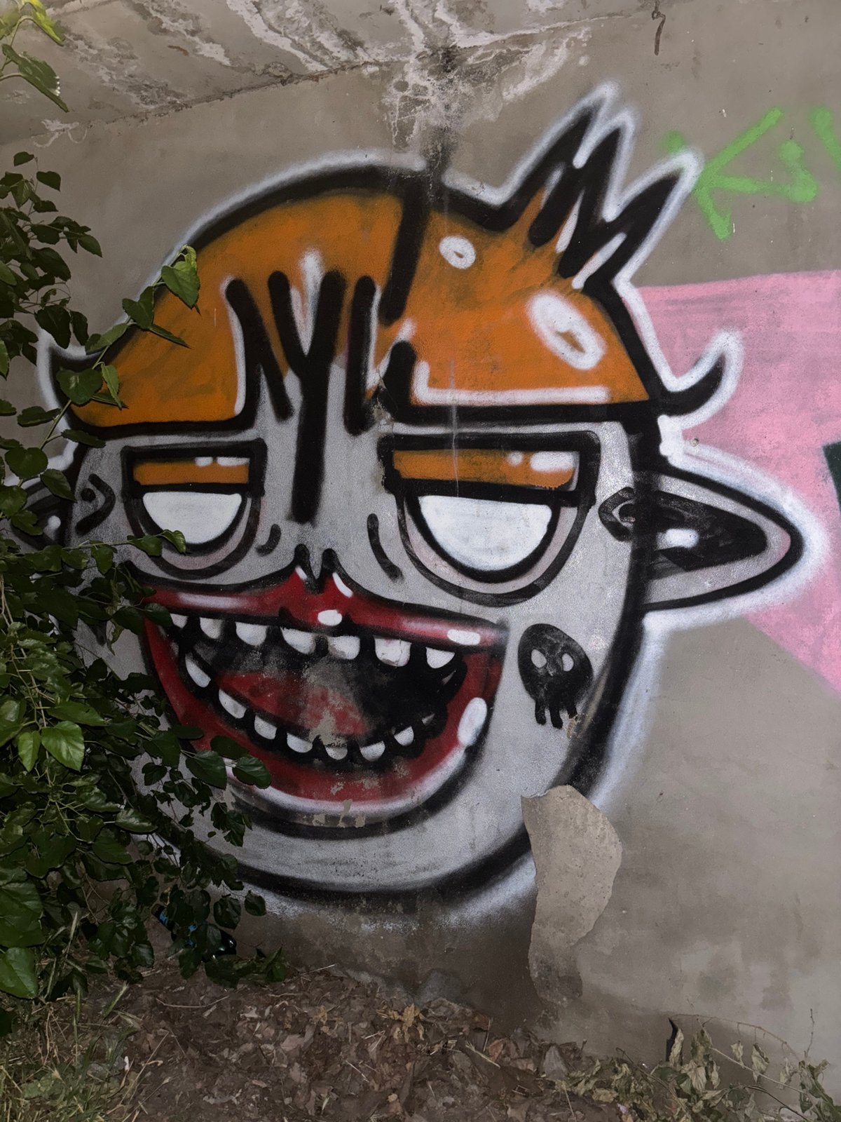 Street art and graffiti across concrete walls, characters to lettering