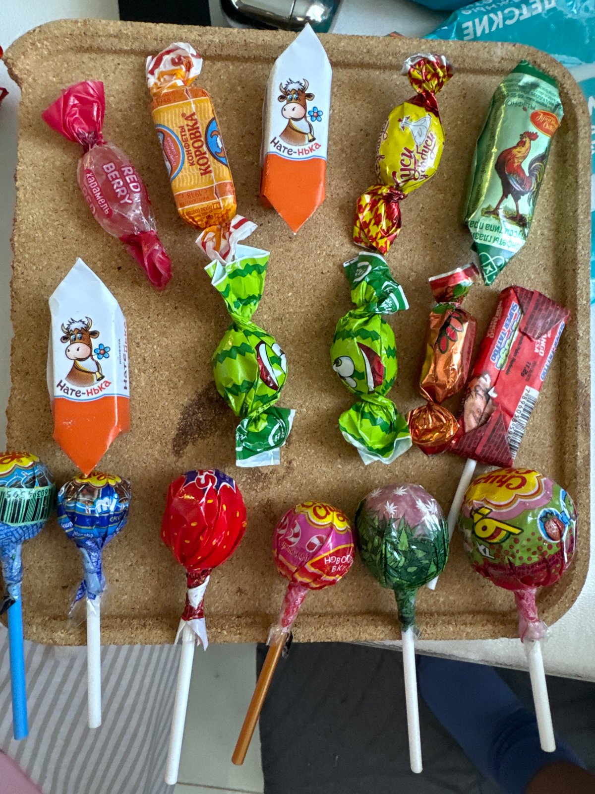 Assorted candies displayed on tray in Akulovo, Russia
