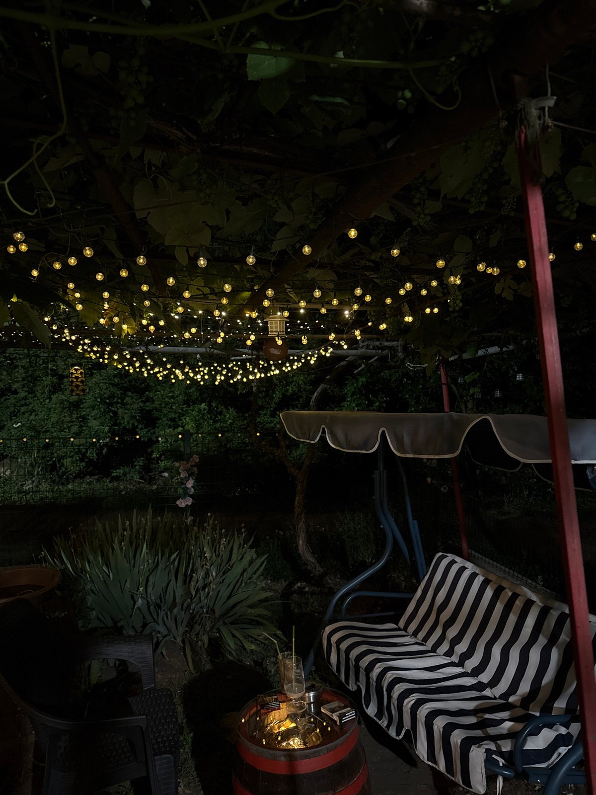 Fairy-lit pergola and swing setup on a summer night in Bulgaria