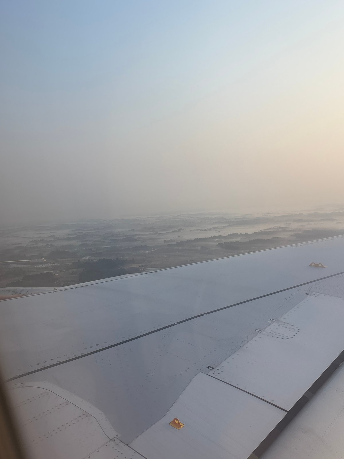 Aircraft passenger documents wing view over hazy Shibayama landscape