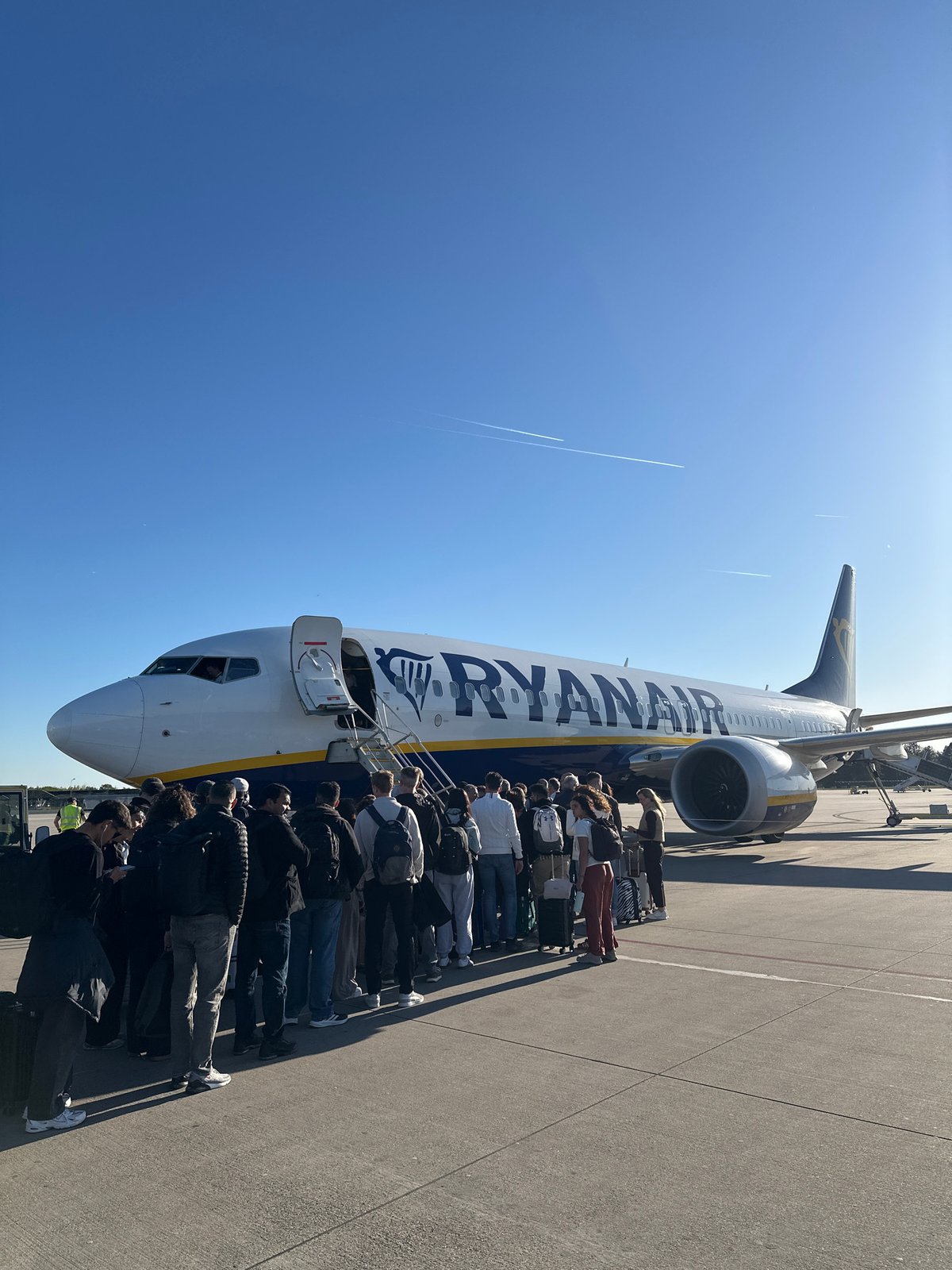 Passengers board Ryanair flight at Weeze Airport, Germany