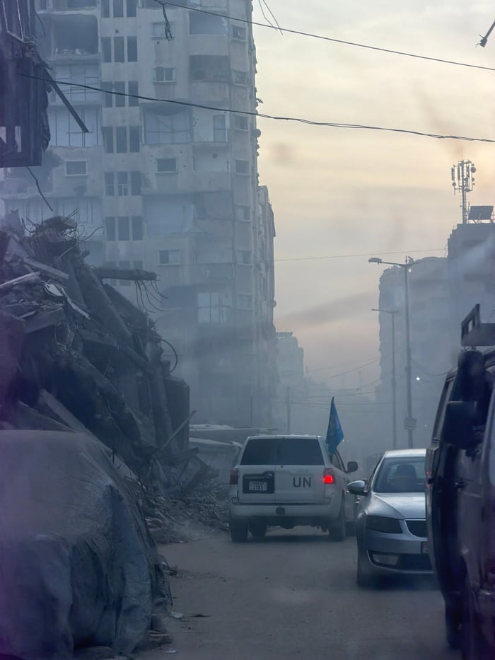 Building rubble documented on Gaza street under overcast conditions
