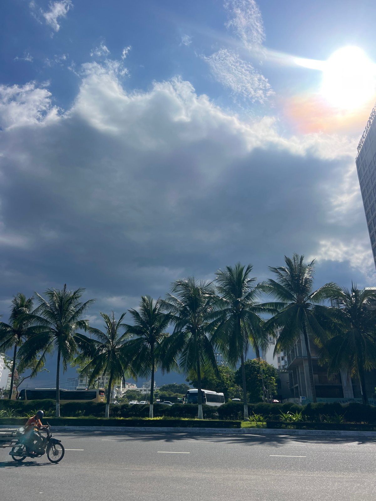 Tropical beachfront development with construction, promenades, and water activities