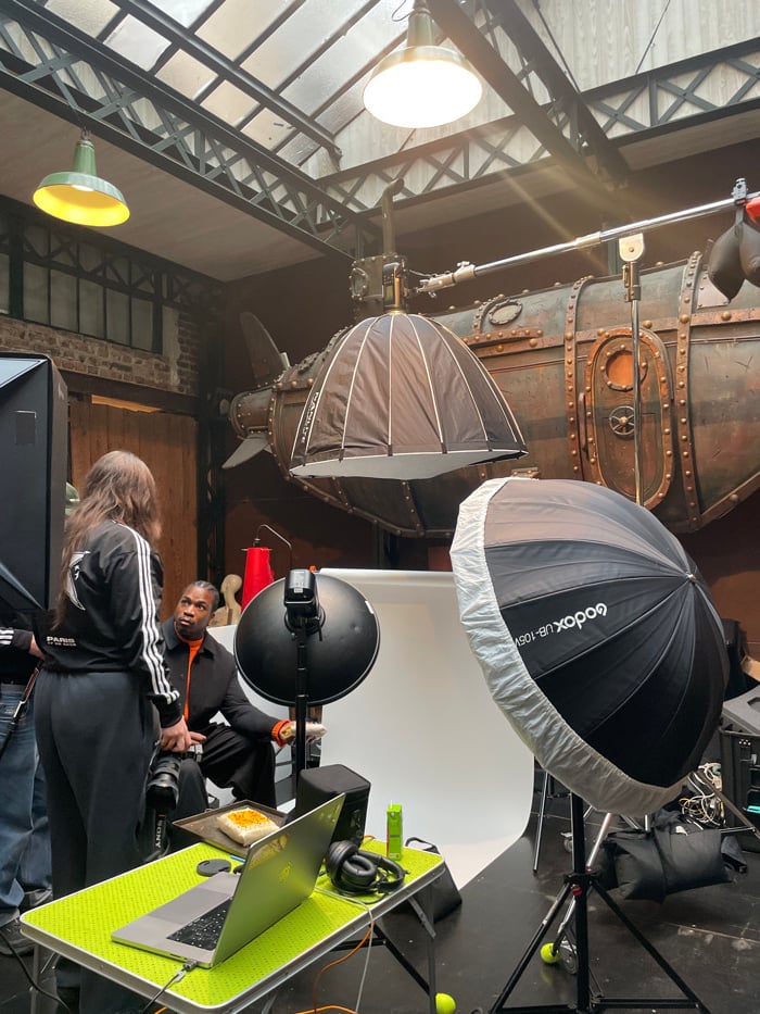 Fashion photo shoot underway at Paris industrial studio