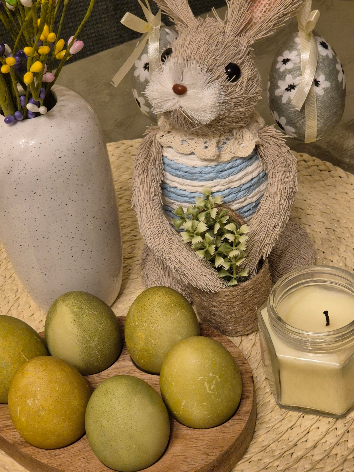Easter display photographed in Varna featuring decorated eggs, bunny