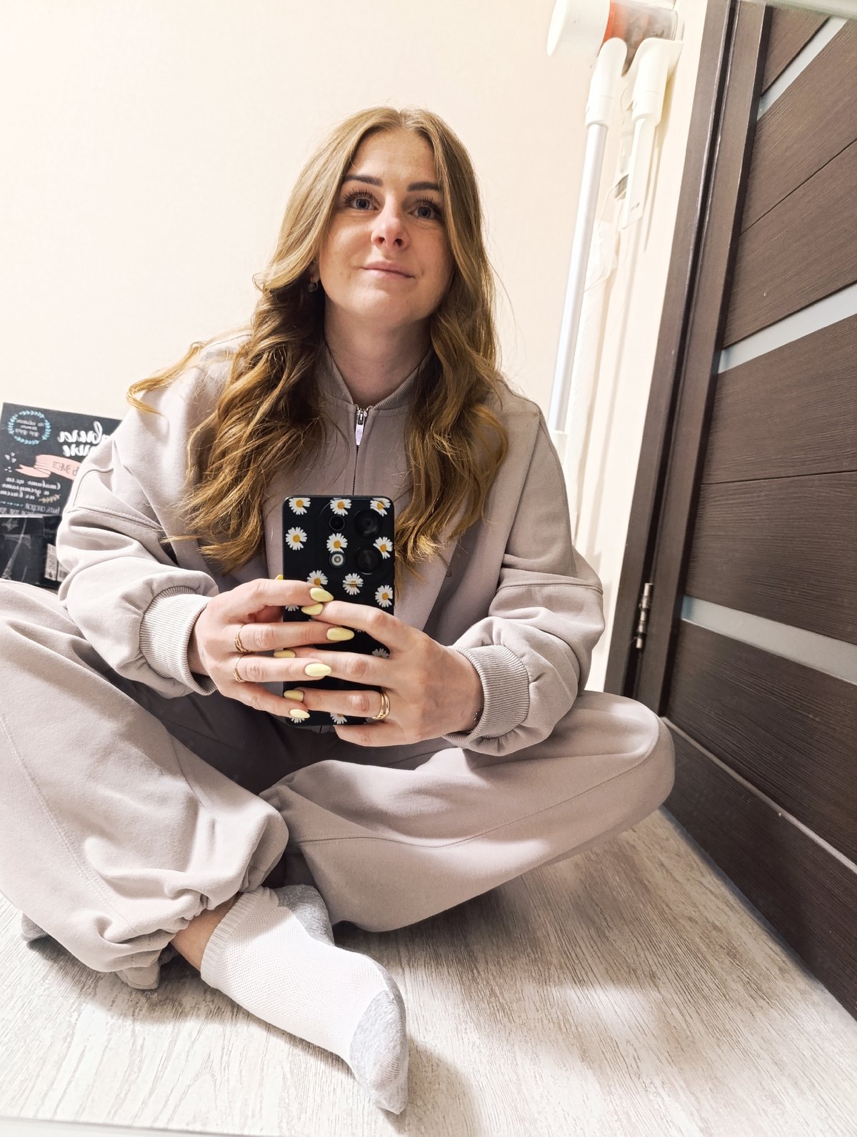 Woman documented in morning routine across domestic settings