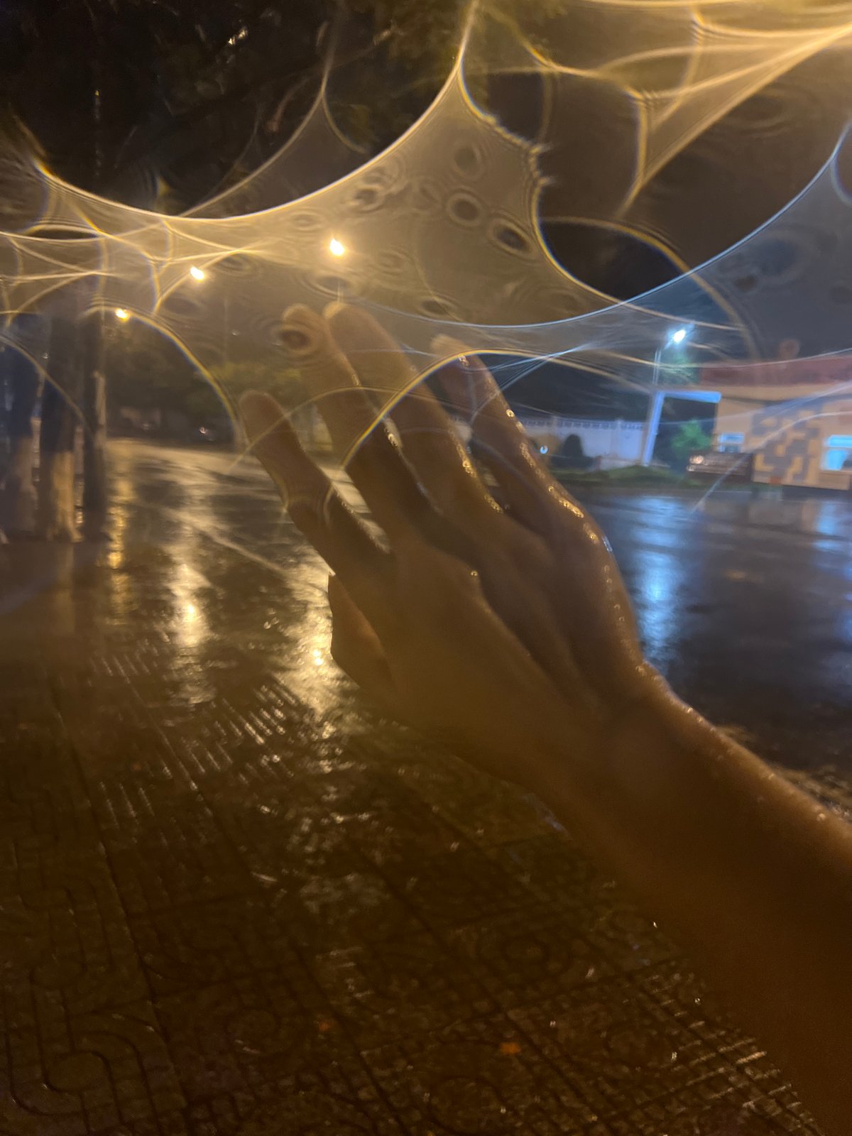 Hand gesture captured over wet pavement in Vietnam