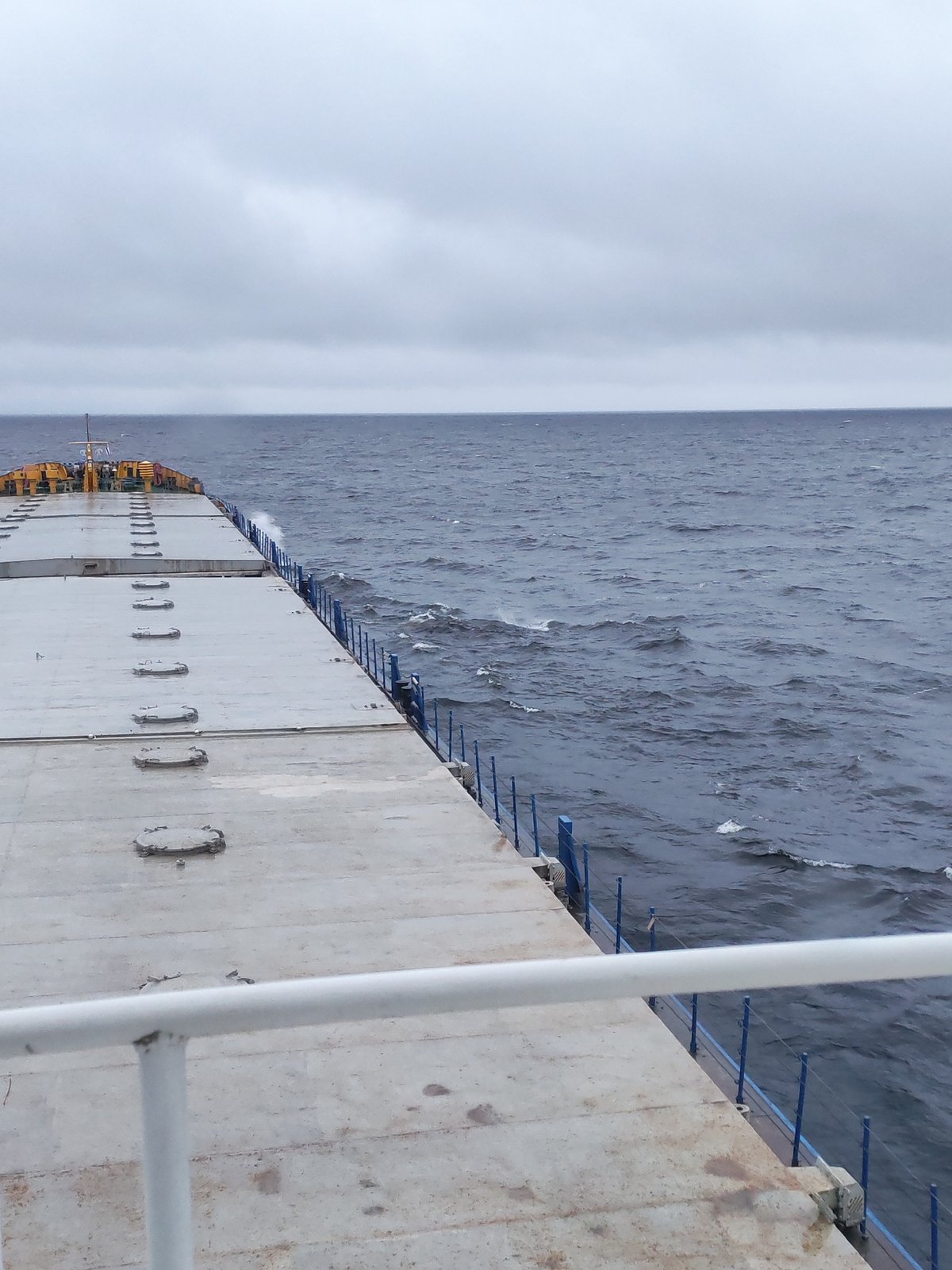 Vessel navigates choppy waters near Ozernoe Ust'e under overcast skies