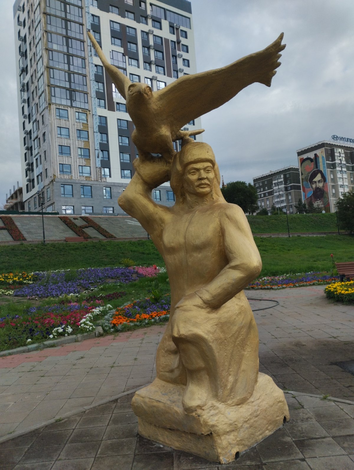Public art and riverside streets in central Kostanay, Kazakhstan