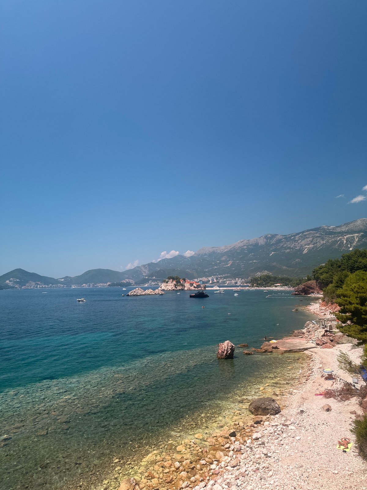 Sveti Stefan's coastline under a clear Adriatic sky