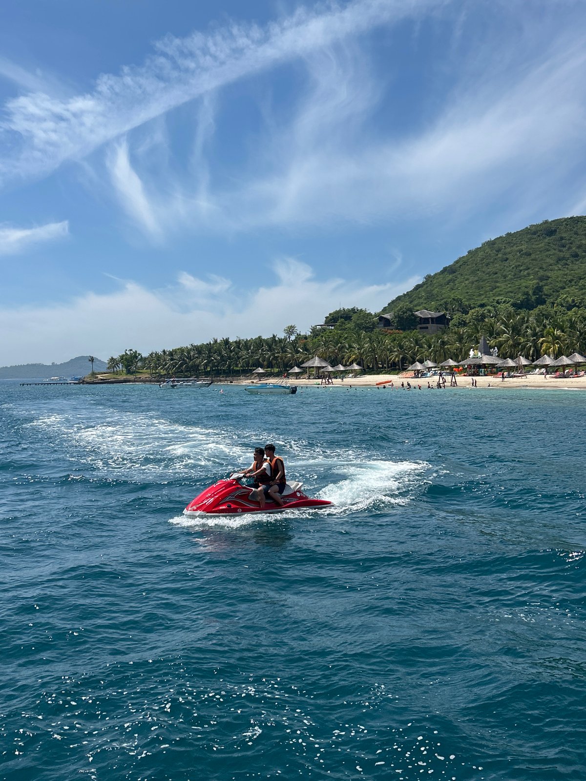 Nha Trang coastline from the water, jet ski in motion