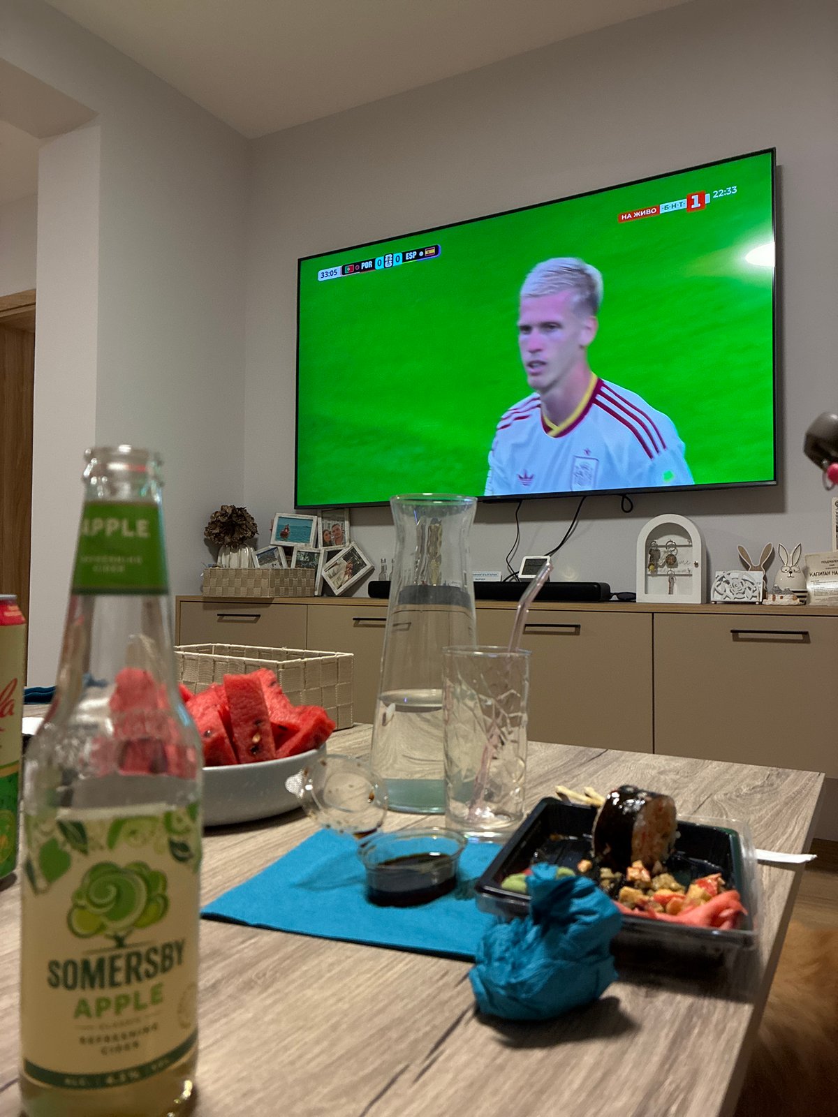 Portugal vs Spain match playing on a TV in Blagoevgrad
