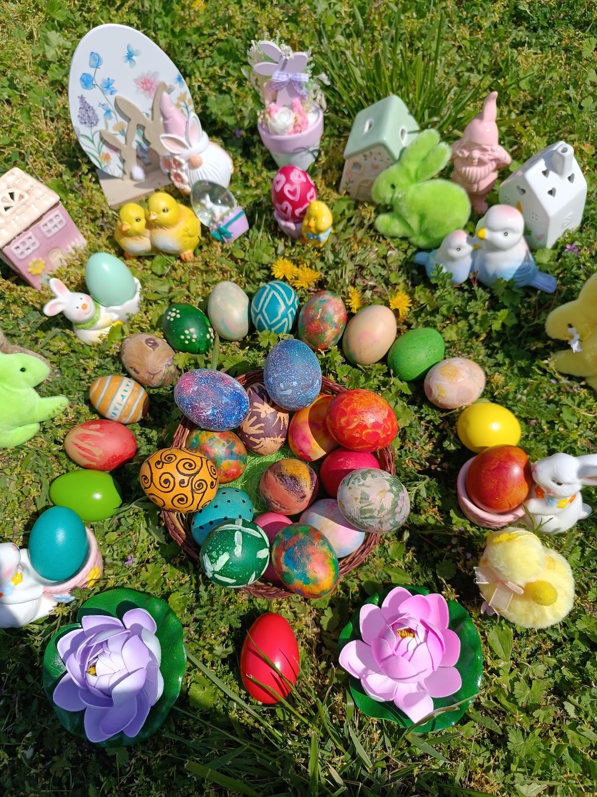 Easter display arranged on lawn in Cherkovitsa, Bulgaria