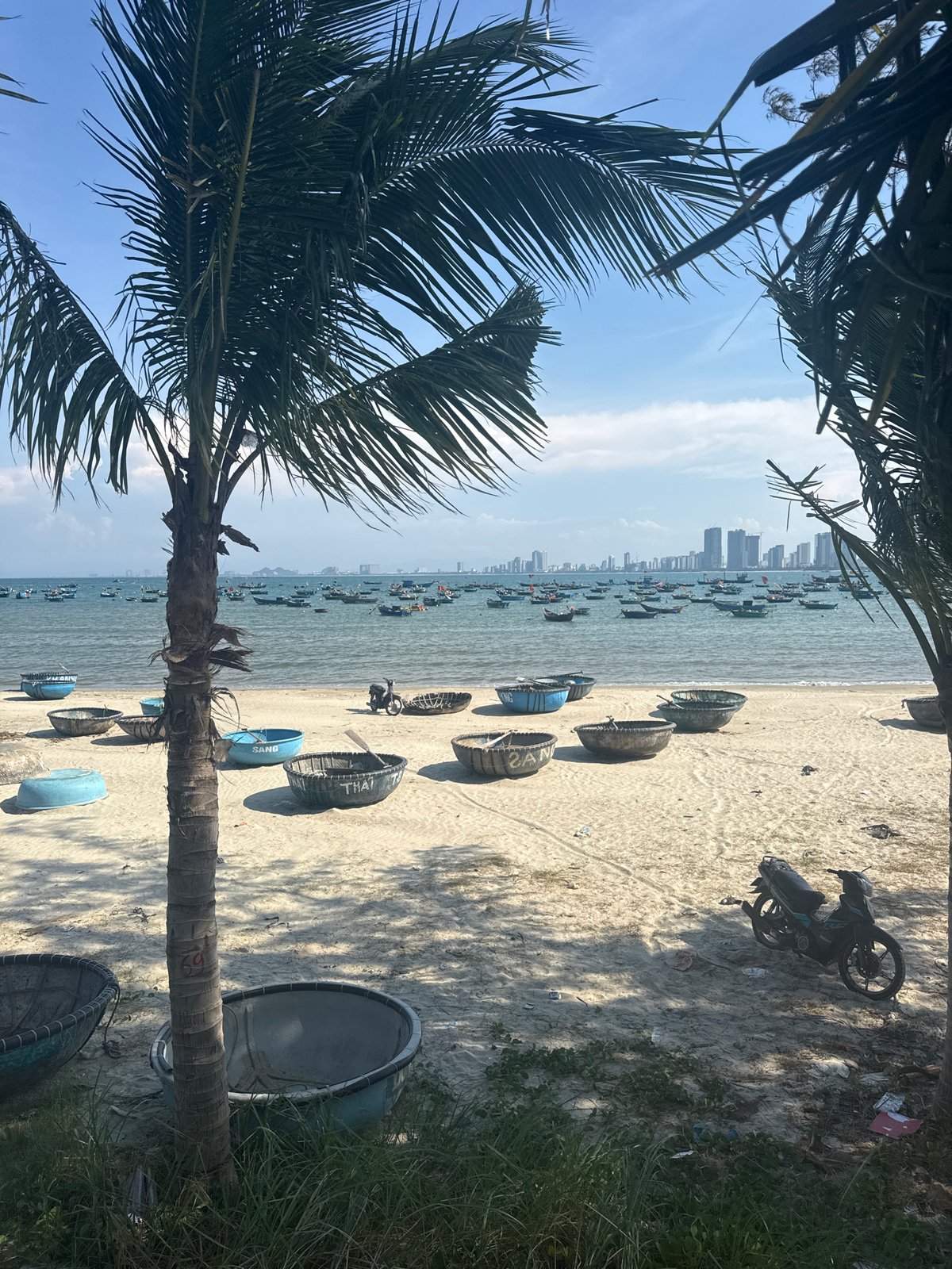 Vietnamese beach scene with traditional coracle boats documented