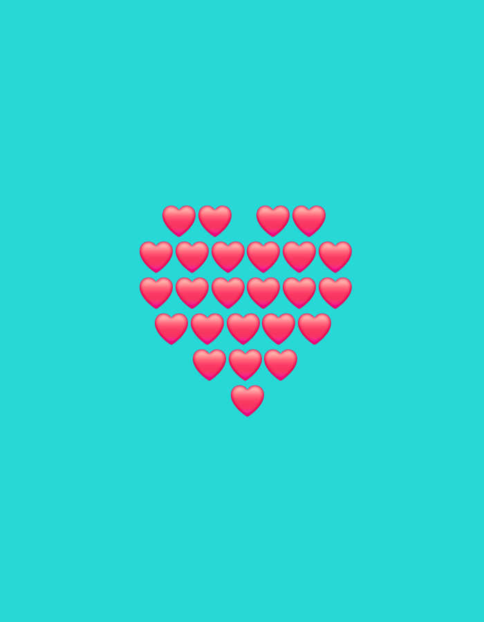 Abstract digital graphics — hearts and a pixelated bear face