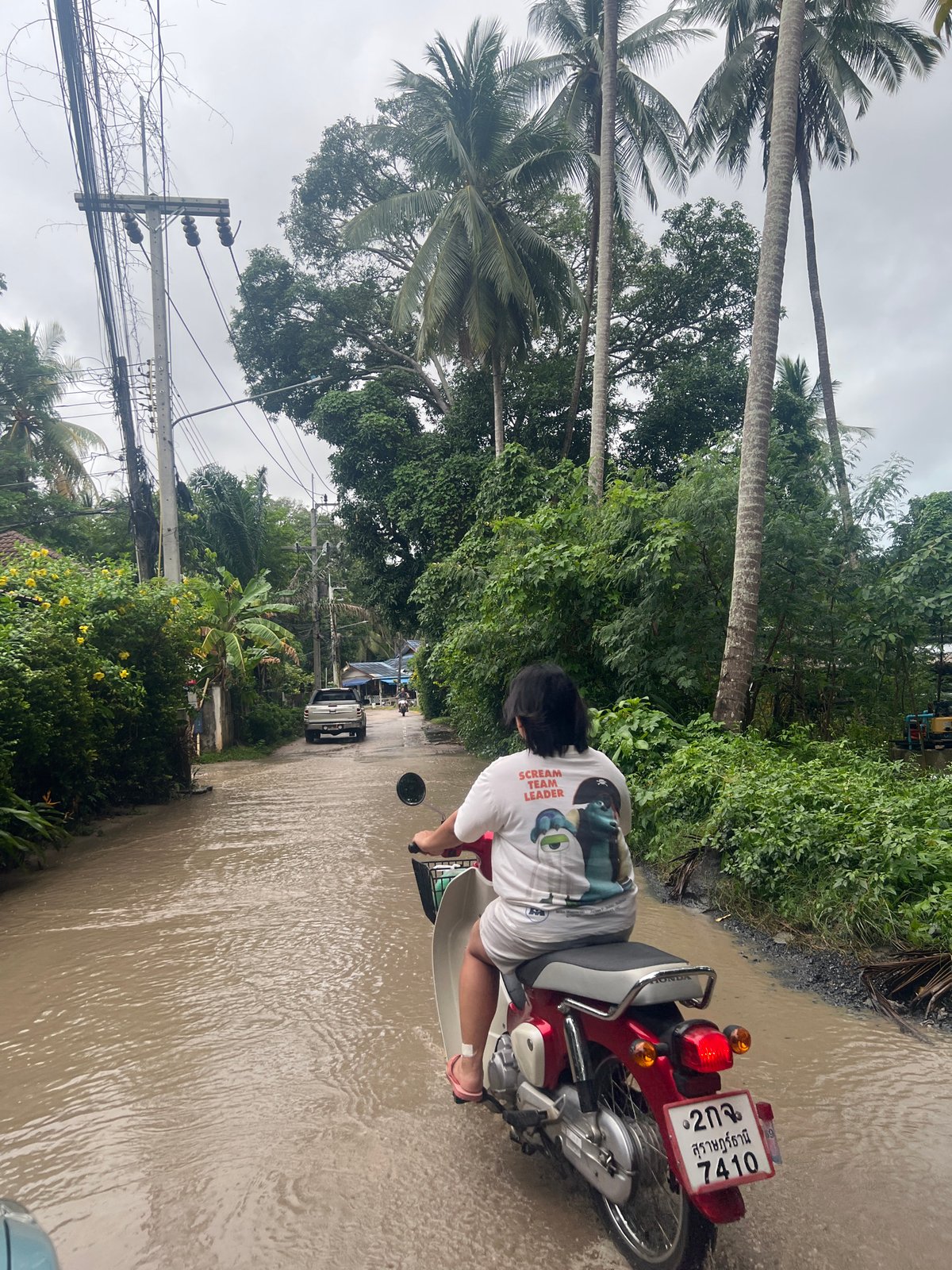 Flooded streets and flower stalls on a wet tropical morning