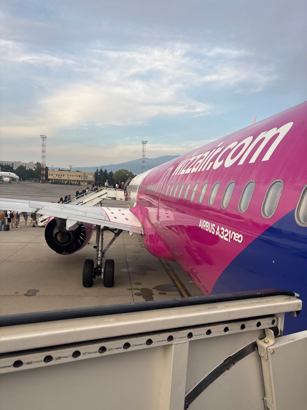 Boarding and departure on a Wizz Air flight out of Sofia
