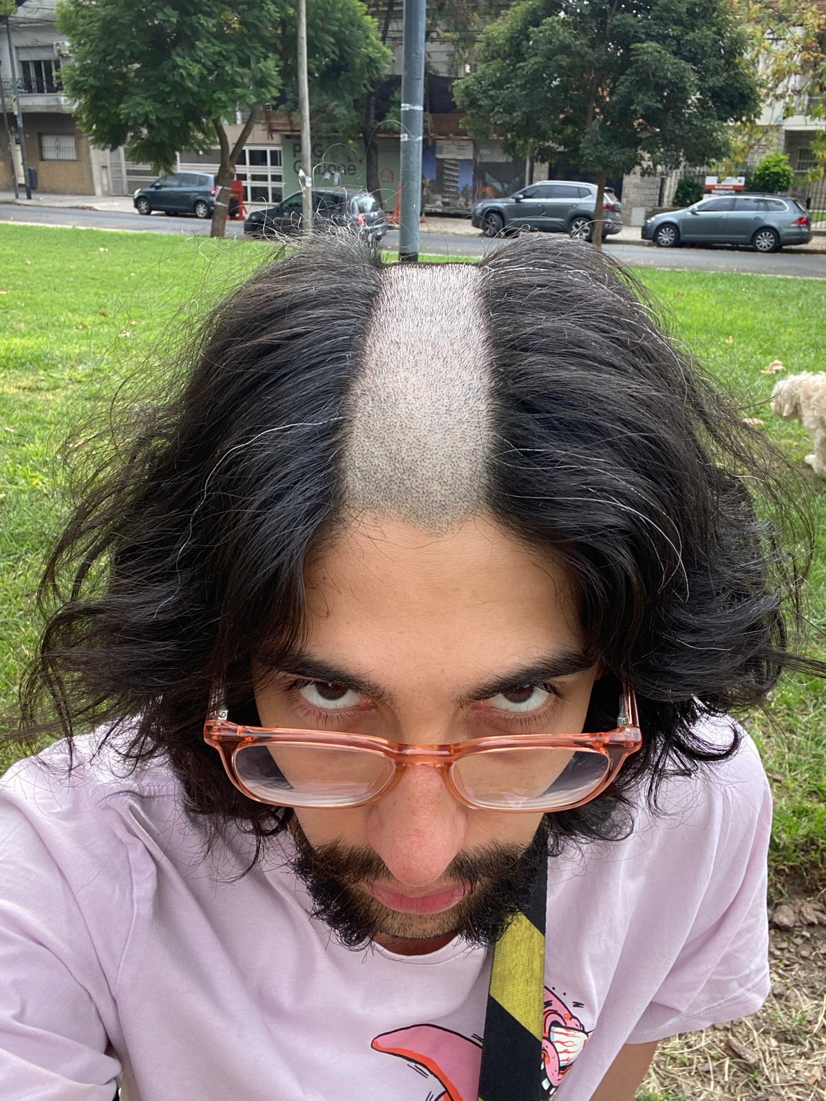 Person with mohawk relaxes on grass in Buenos Aires