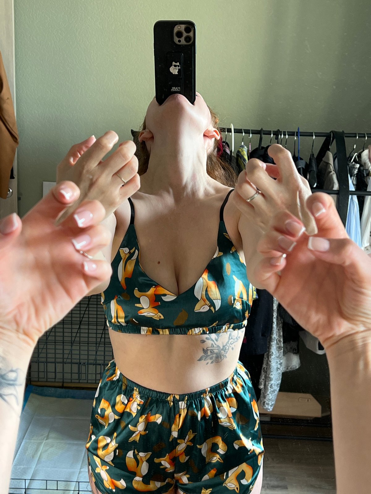 Person takes selfie in fox-patterned pajamas in Saint Petersburg