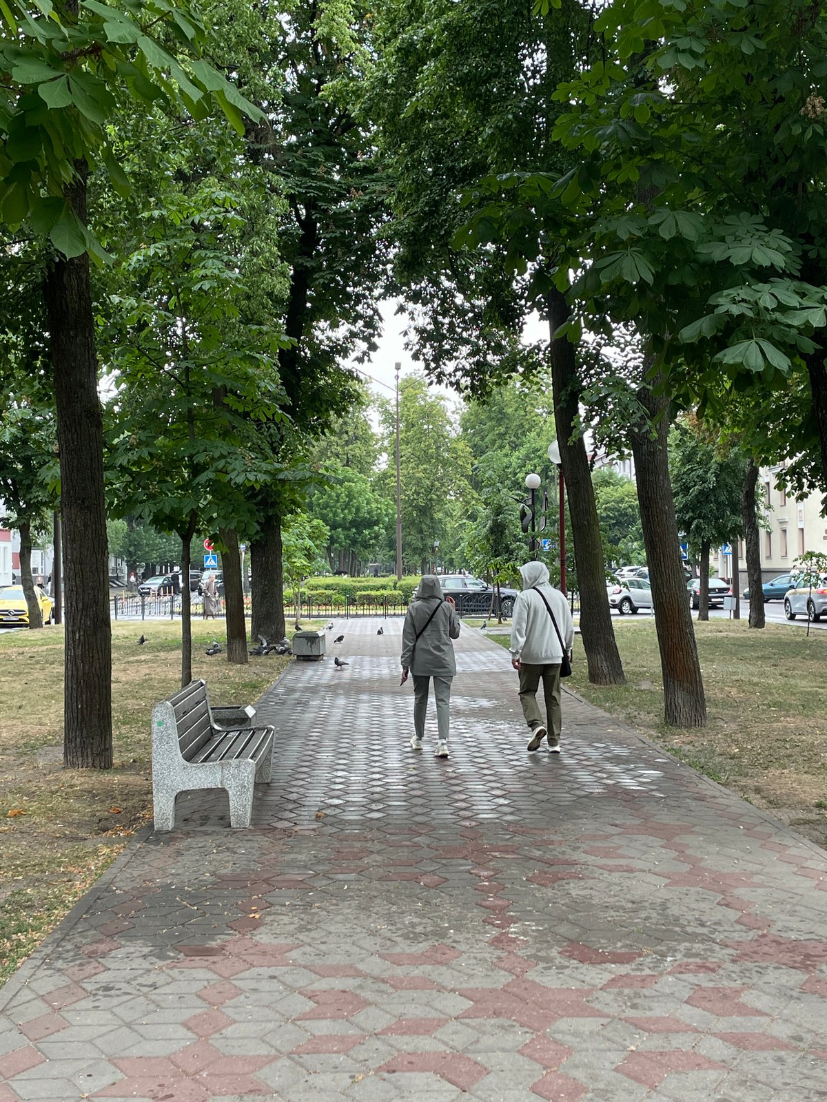 Afternoon stroll captured along sculptured pedestrian boulevard in Brest