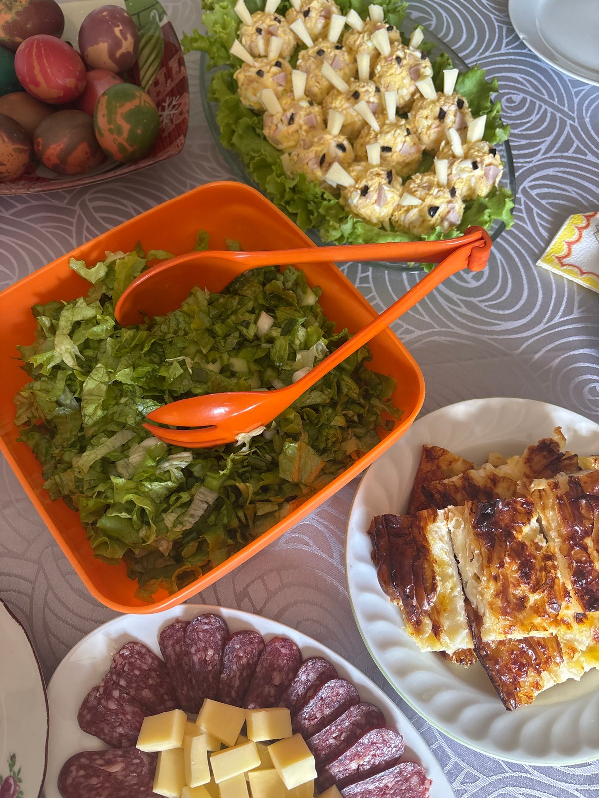 Easter meal with traditional colored eggs observed in Bulgaria