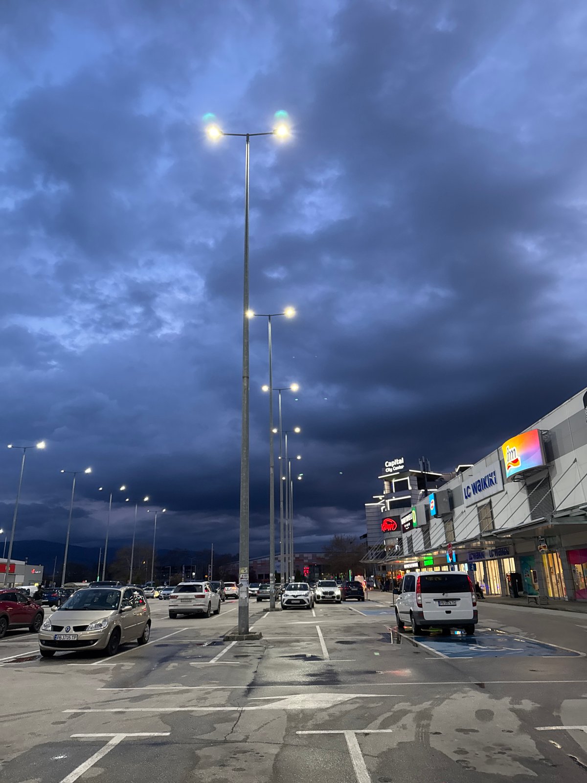 Evening parking lot scene captured in Plovdiv, Bulgaria
