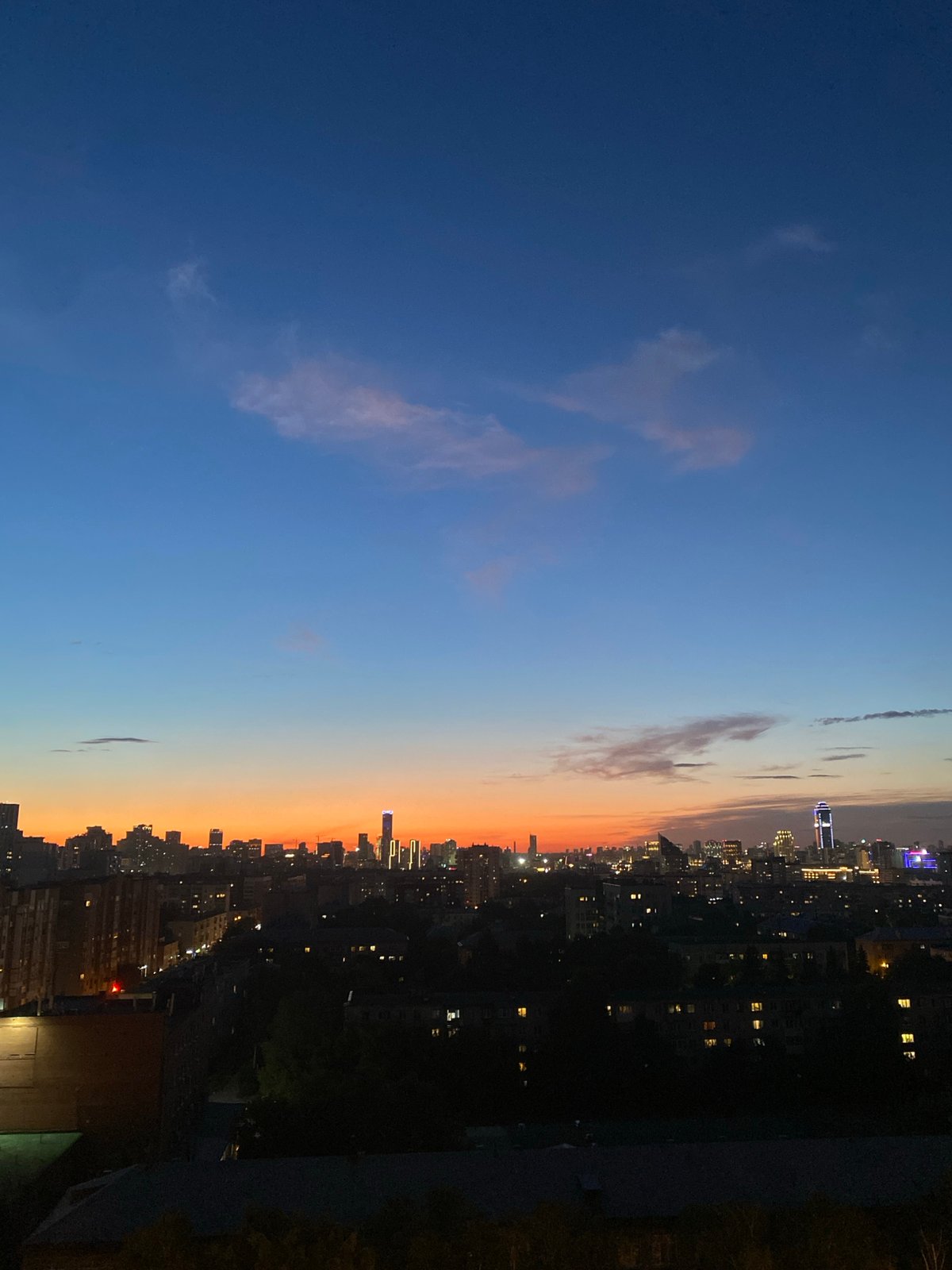 Yekaterinburg skyline at dusk, caught mid-sunset