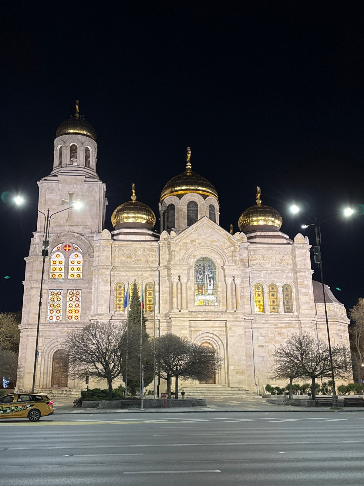 Orthodox cathedral with golden domes photographed in Varna, Bulgaria