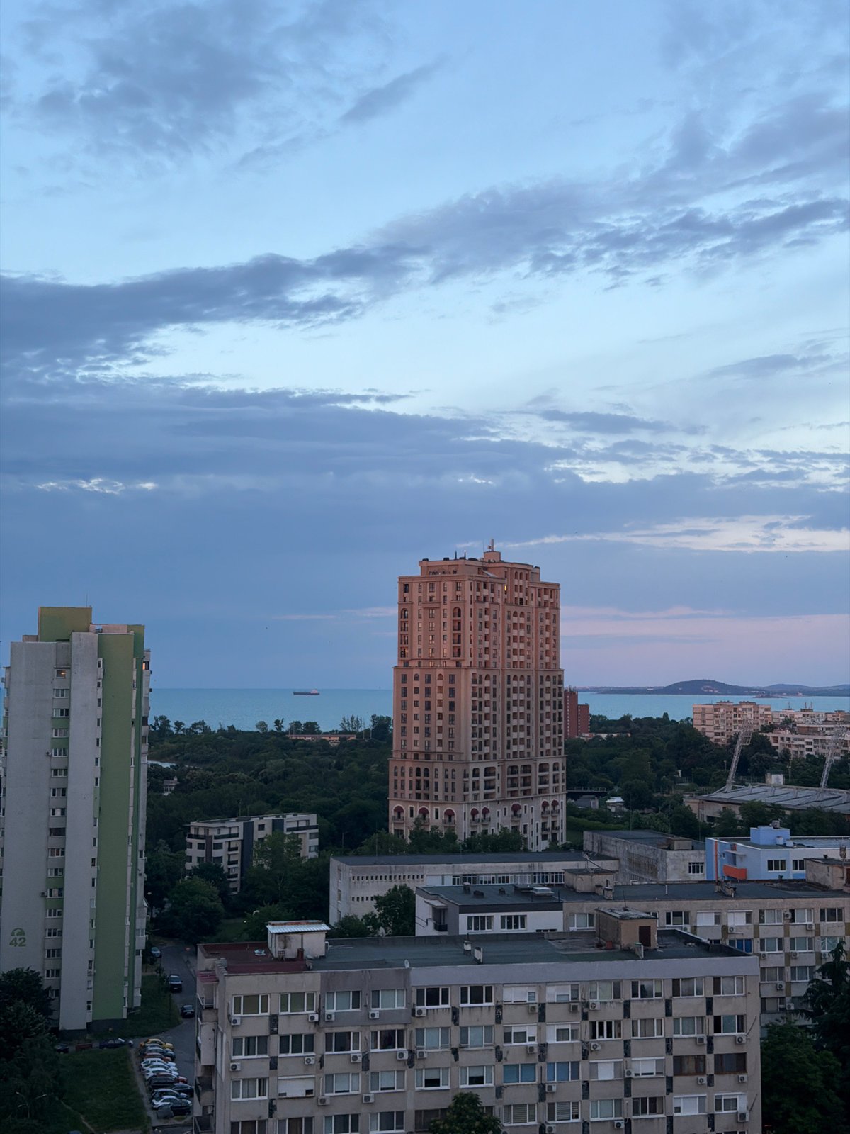Evening in Burgas: apartment towers and a well-stocked vanity