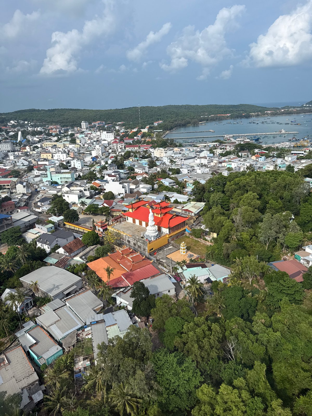 Aerial view captures dense coastal town in Phú Quốc