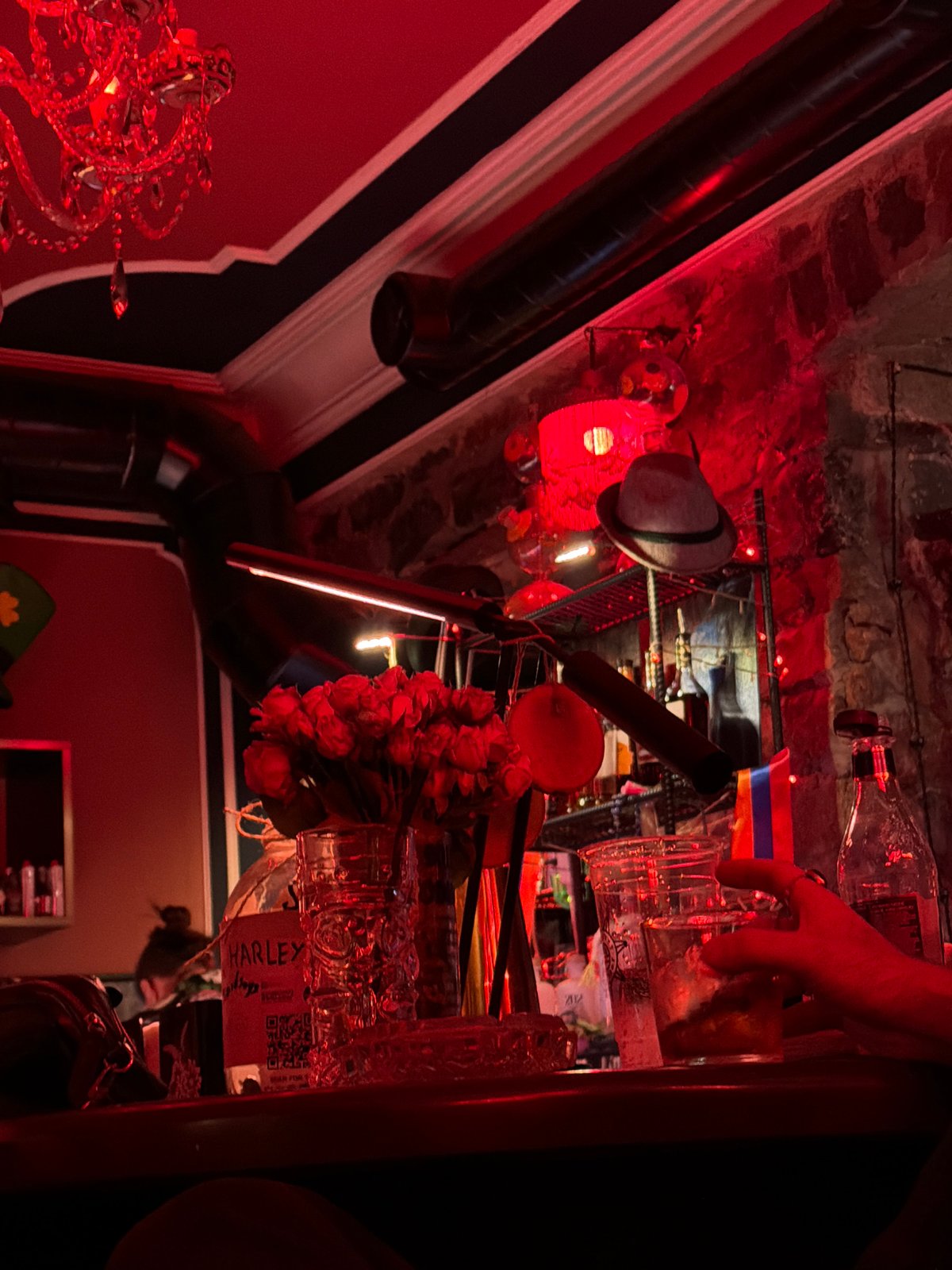 Red-lit bar night in Yerevan, close-up and atmospheric
