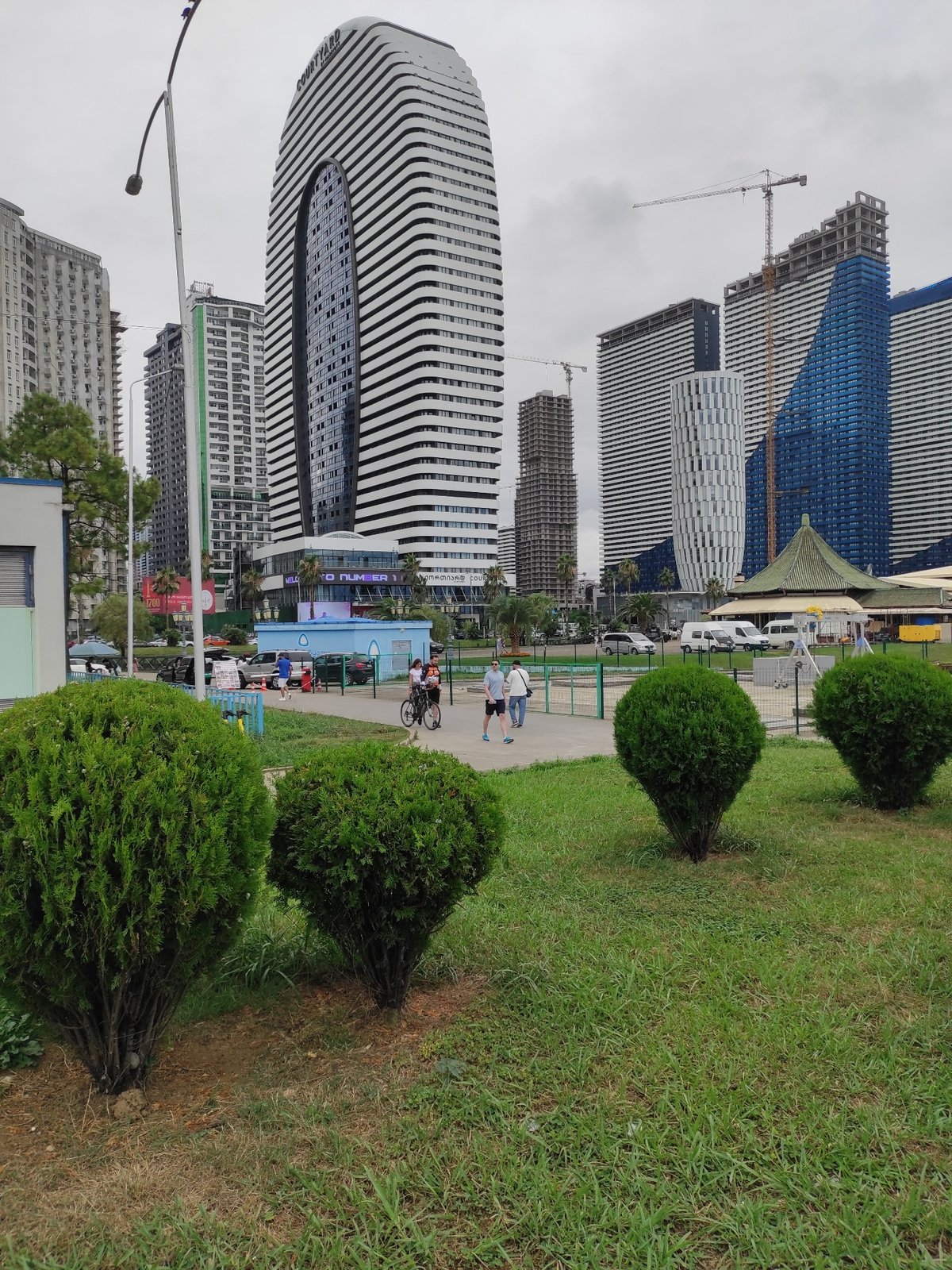 Batumi's modern waterfront district on a cloudy morning