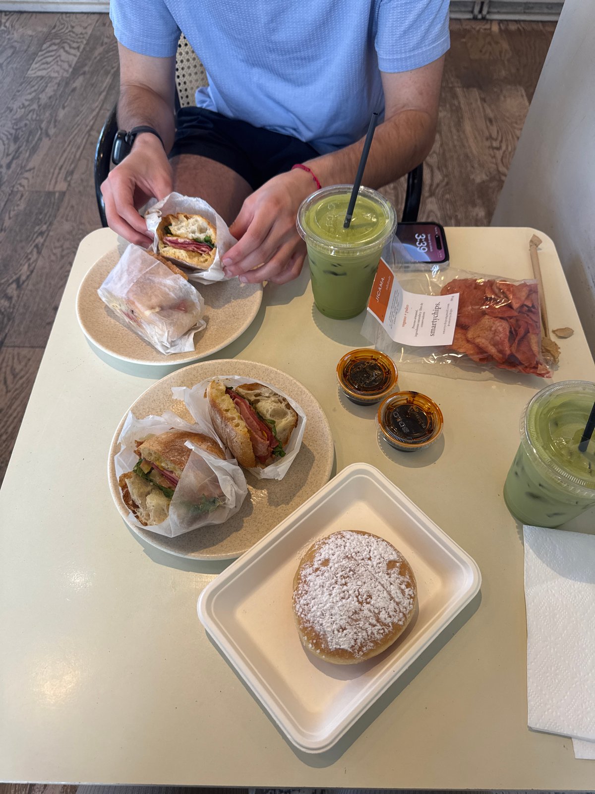 Café spread in San Pedro Garza García: matcha lattes and sandwiches