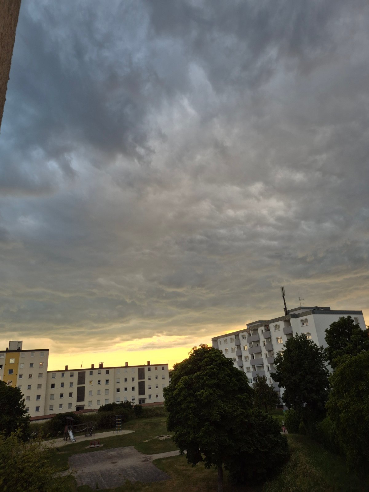 Overcast sunset documented in residential area, portrait captured