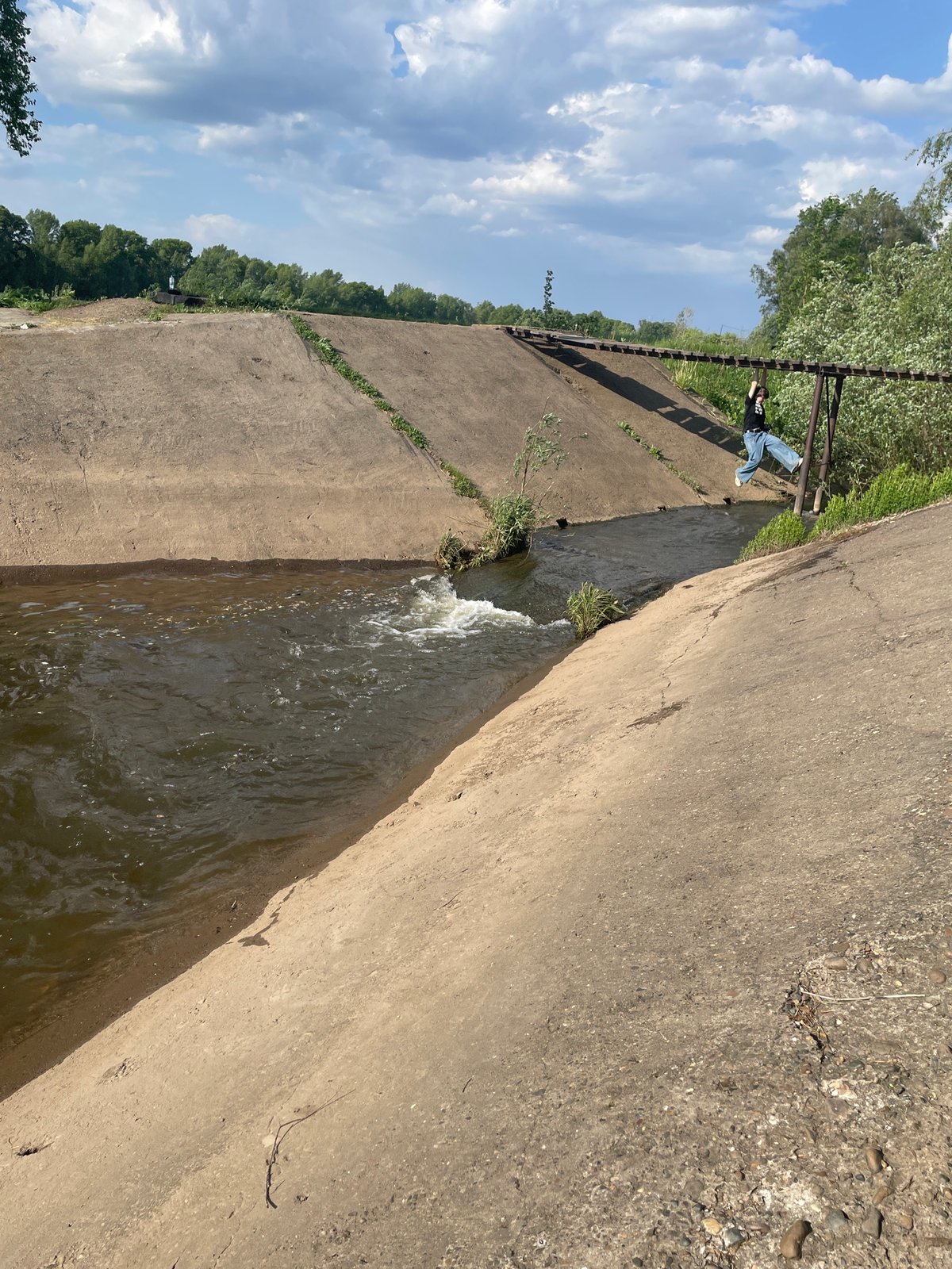 Peaceful fishing and wildlife spotted along concrete canal waterway