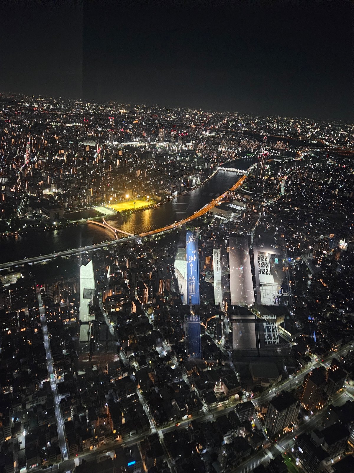 Aerial night view captures illuminated Sumida district, Japan