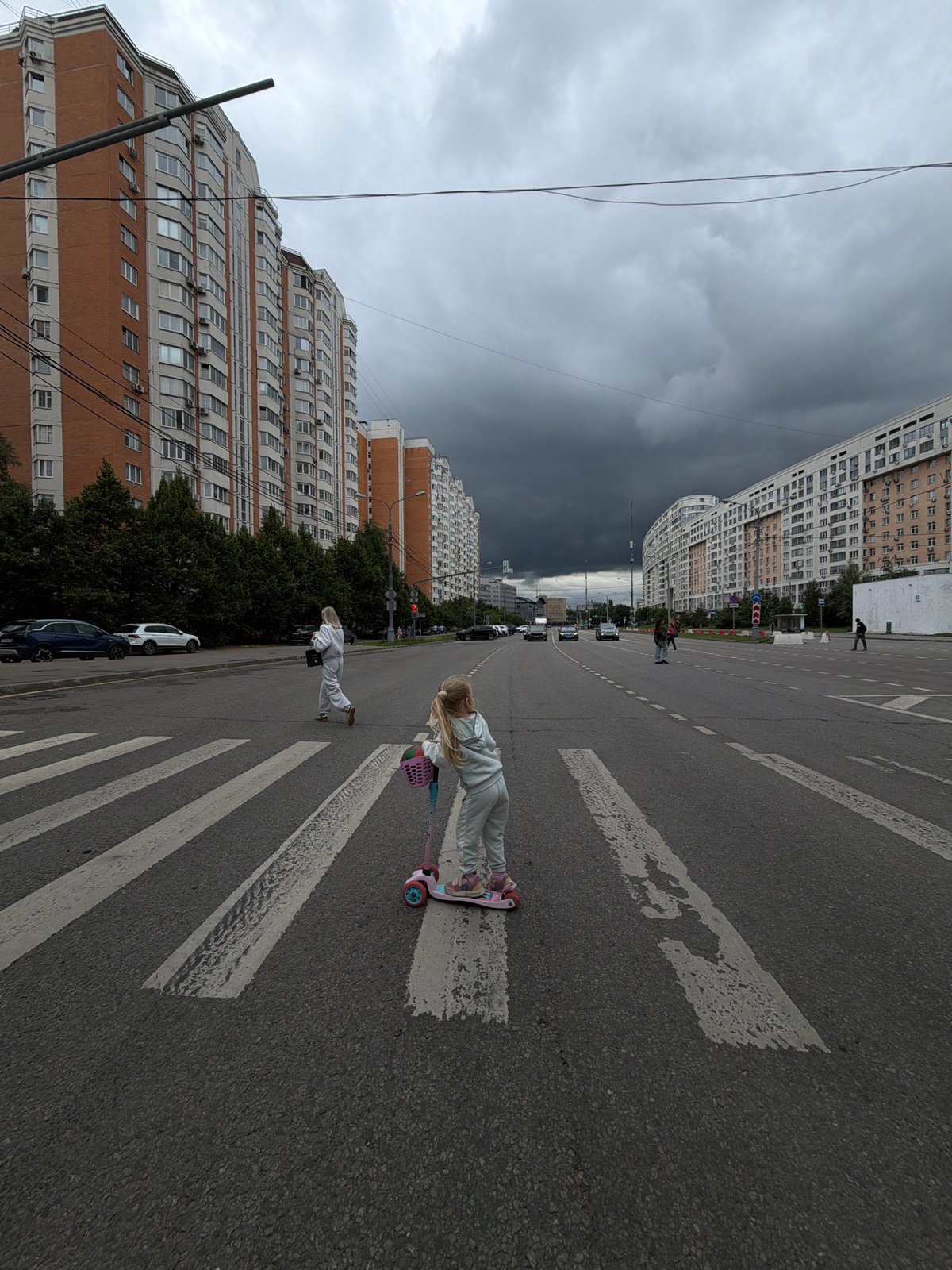 Quiet Moscow street moment: crosswalk and white flowers