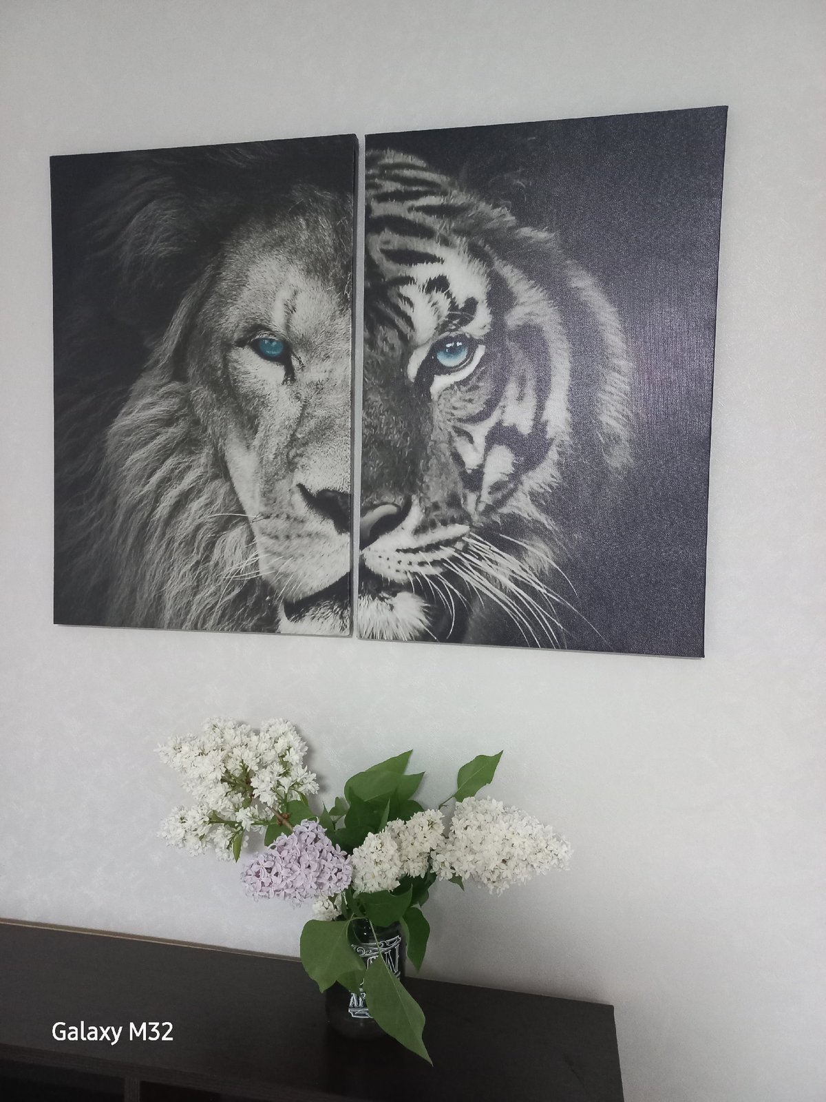 Indoor floral arrangement and tiger artwork documented in Volzhsky