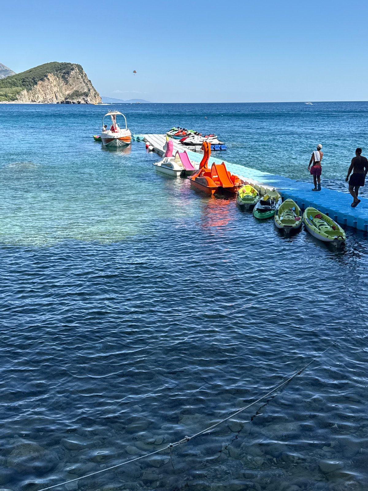Summer afternoon on the Budva waterfront — piers, sea, and old town