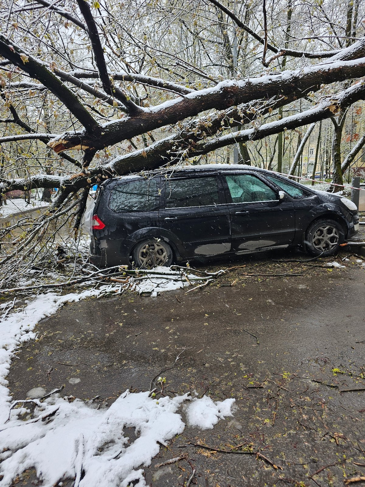 Car on wet pavement amid winter weather aftermath in Moscow