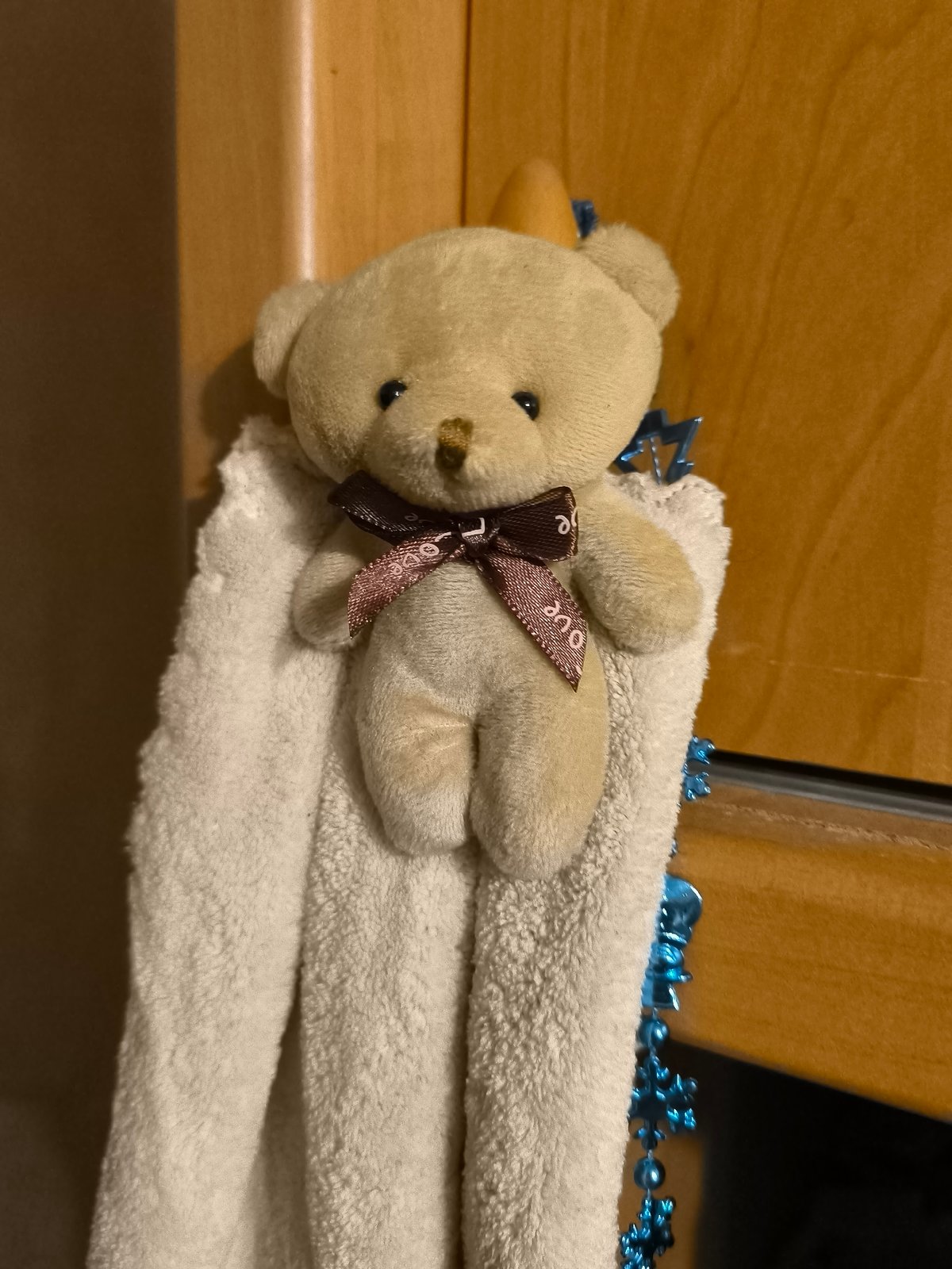 Tan teddy bear with pink-lettered ribbon hanging from wooden surface