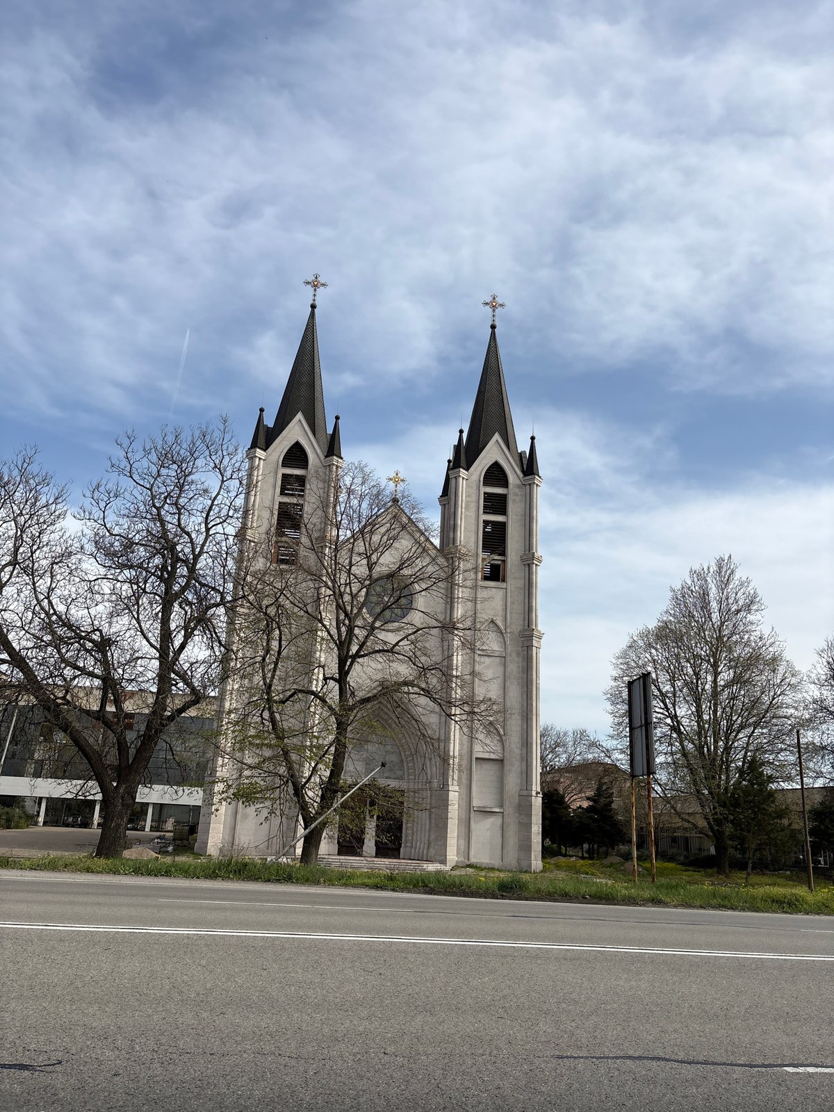 Twin-towered church building photographed in Vidin, Bulgaria