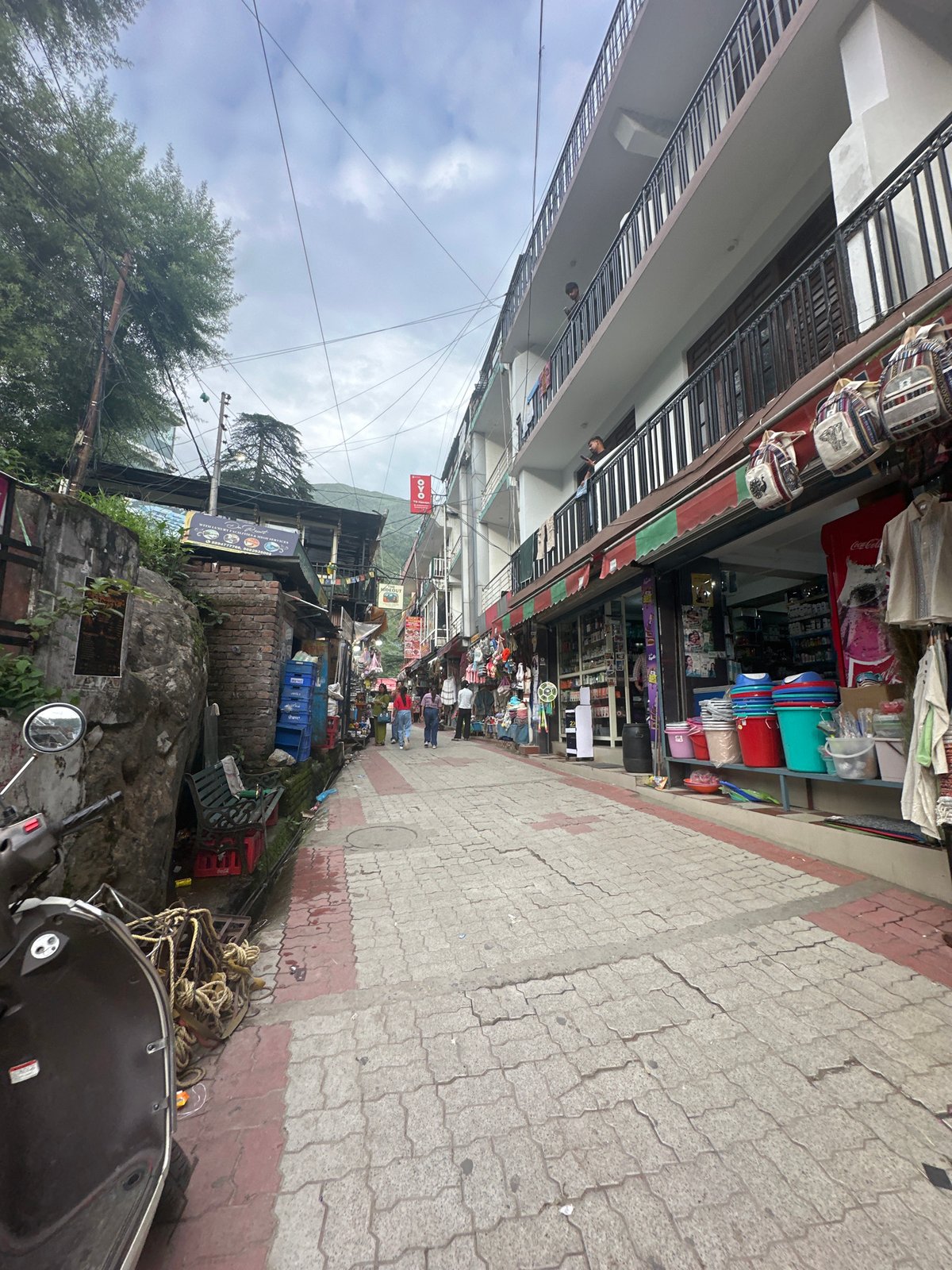 Street-level look at a compact, hilly mountain town