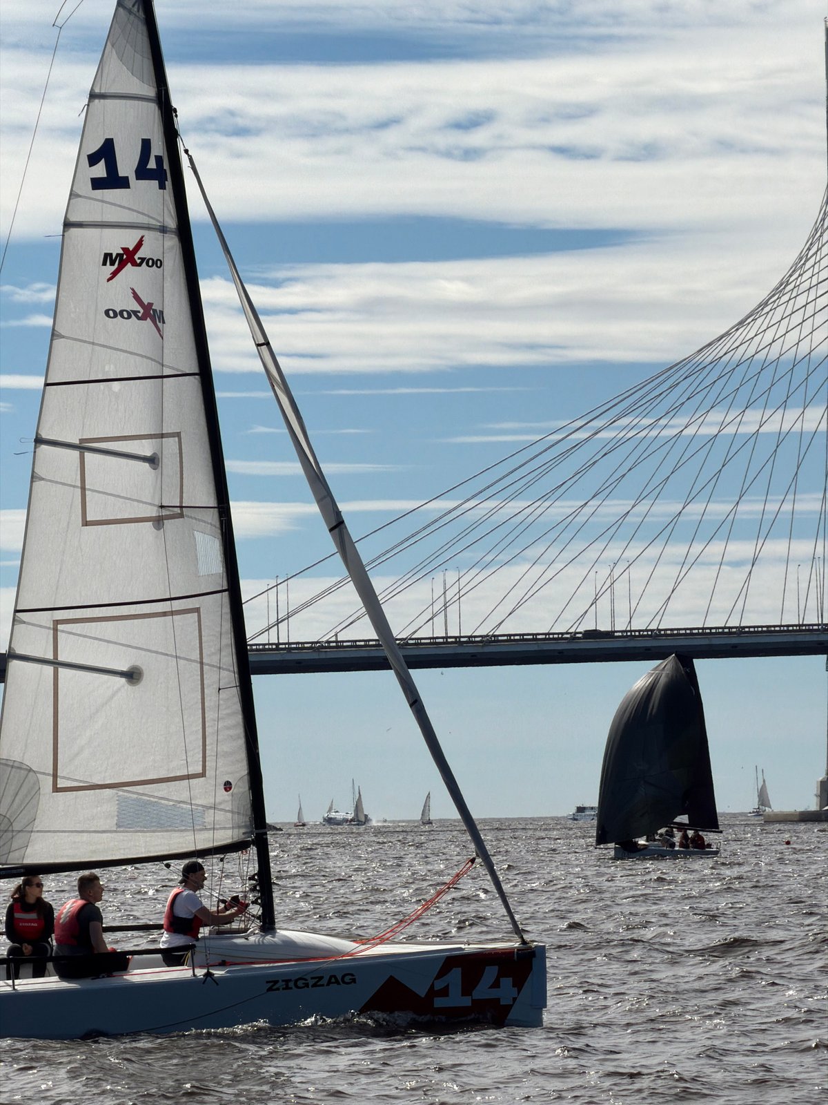 Sailing race on the Neva River, ZSD bridge backdrop, June afternoon